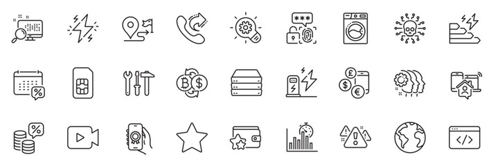 Fototapeta na wymiar Icons pack as Warning, Calendar tax and Currency rate line icons for app include Share call, Power, Search outline thin icon web set. Spanner tool, Sim card, Employees teamwork pictogram. Vector