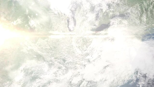 Earth zoom in from outer space to city. Zooming on Fishers, Indiana, USA. The animation continues by zoom out through clouds and atmosphere into space. Images from NASA