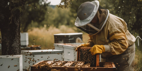 The beekeeper is dressed in a protective suit, hat, and gloves, carefully examining the hive and ensuring the bees are healthy and productive, ai generative - obrazy, fototapety, plakaty