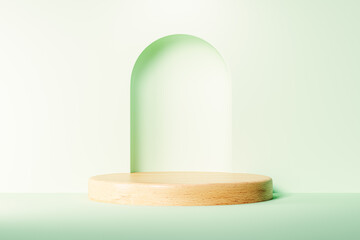 3d presentation pedestal made of wood over pastel wall with arch. 3d rendering of mockup of presentation podium for display or advertising purposes