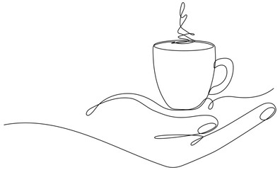 Hand holding cup continuous line drawing. Coffee cup in human arm. Vector illustration isolated on white.