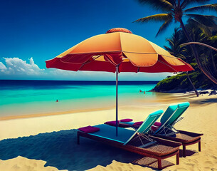A beach scene with a beach chair and an umbrella on the sand. Vacation. Summer time 