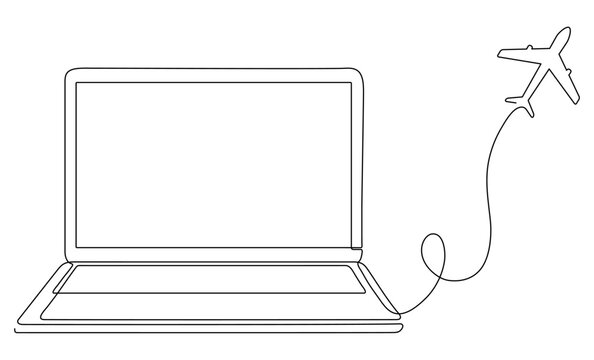 recommend clip art: Laptop with flying airplane continuous line drawing. Travel concept. Vector illustration isolated on white.