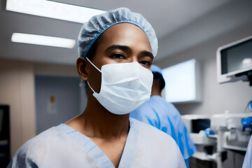 Fototapeta na wymiar Portrait Of Surgeon wearing in sterile gloves, blue surgical uniform In the Modern Operating Theater in a clinic. Generative AI