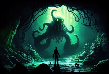 Cave with a monster squid illustration. Ai genrative. - obrazy, fototapety, plakaty