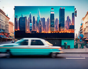 Car drives past a billboard in futuristic city 