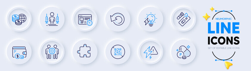 Web timer, Employees teamwork and Electricity bulb line icons for web app. Pack of Puzzle, Qr code, Recovery data pictogram icons. Phosphorus mineral, Covid test, World money signs. Vector