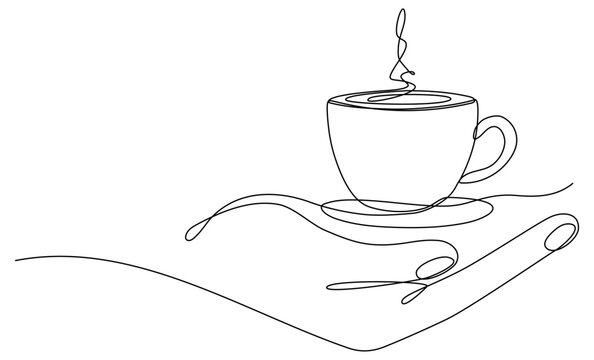 Hand holding cup continuous line drawing. Coffee cup in human arm. Vector illustration isolated on white.