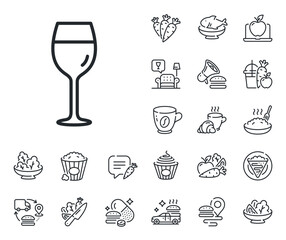Bordeaux glass sign. Crepe, sweet popcorn and salad outline icons. Wine glass line icon. Wine glass line sign. Pasta spaghetti, fresh juice icon. Supply chain. Vector