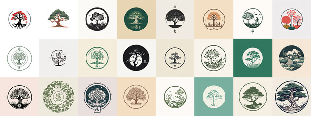 original logo sketches, tree/circle motif; minimalist Japanese style (generative ai content) - obrazy, fototapety, plakaty