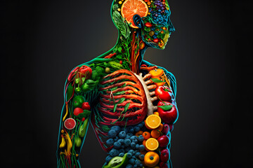Obraz na płótnie Canvas Human body made of vegetables, fruits and berries. Healthy eco organism concept. Generative AI
