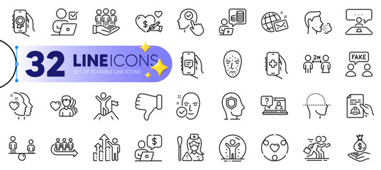 Outline set of Nurse, Social care and Queue line icons for web with Business person, Health skin, Fake information thin icon. Competition, Award app, Cough pictogram icon. Dislike hand. Vector