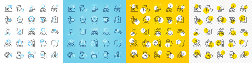 Fototapeta premium Vector icons set of Strategy, Cogwheel and Teamwork results line icons pack for web with Augmented reality, Safe time, Team work outline icon. Developers chat, Checklist, Add person pictogram. Vector