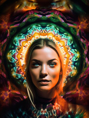Frau vor psychedelischem Hintergrund, Kaleidoskop in bunten Farben, Generative AI