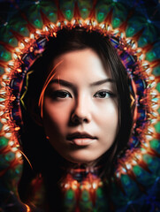 Frau vor psychedelischem Hintergrund, Kaleidoskop in bunten Farben, Generative AI