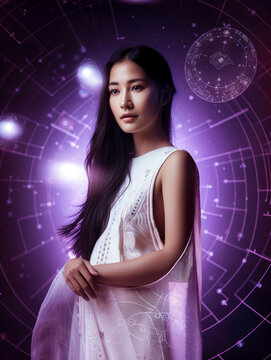 Frau in einem weißen Kleid, Lavendelfarbener Hintergrund mit astrologischen Motiven, Generative AI