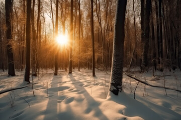 the sunlight shines in a snow-covered forest, a Romantic landscape, light orange. Generative AI.

