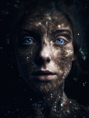 Nahaufnahme einer Frau, deren Gesicht in faszinierender Weise das Universum reflektiert, Generative AI