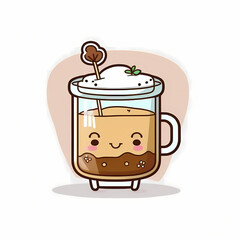 Coffee Lattee On Glass Kawaii Doodle. Generative AI