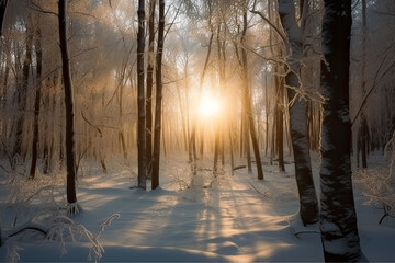 the sunlight shines in a snow-covered forest, a Romantic landscape, light orange. Generative AI.

