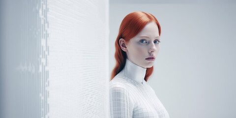 Frau mit roten Haaren in abstrakter weißer Umgebung. Das Bild vermittelt ein Gefühl von Klarheit, Reinheit und Minimalismus. , Generative AI