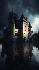Fototapeta na wymiar Spooky Castle with Lurking Shadows, Stormy Sky, Tense and Dangerous Atmosphere, Generative AI