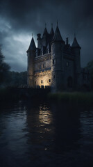 Fototapeta na wymiar Spooky Castle with Lurking Shadows, Stormy Sky, Tense and Dangerous Atmosphere, Generative AI