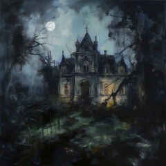 Obraz premium Moonlit Spooky Castle, Eerie Garden, Chiaroscuro Oil Painting, Nocturnal Creatures, Generative AI