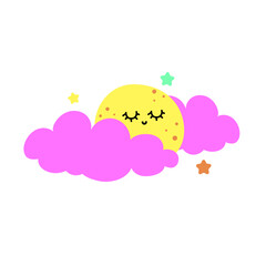 Cute moon in a pink cloud and colorful stars. Baby cute vector illustration.