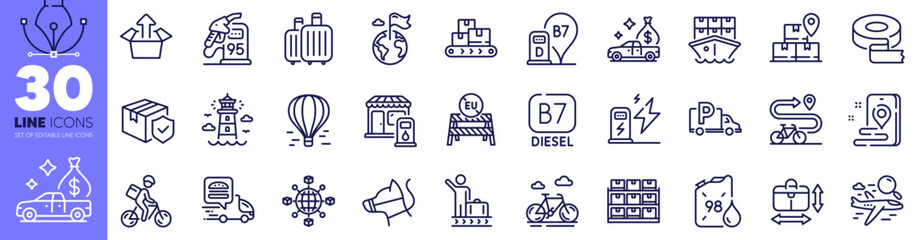 Logistics network, Charging station and Lighthouse line icons pack. Adhesive tape, Diesel station, Shipment web icon. Delivery bike, Wholesale goods, Petrol canister pictogram. Storage. Vector