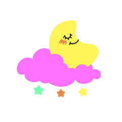 Cute moon in a pink cloud and colorful stars. Baby cute vector illustration.