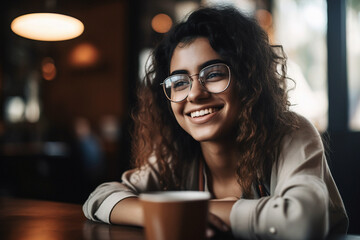 Smilling millenial girl enjoying a cup of coffee in a coffee shop. Generative ai