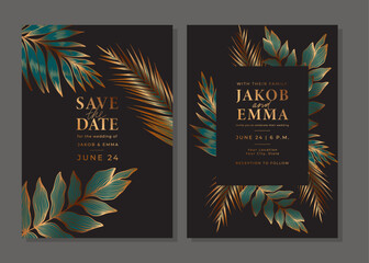 Set of luxury golden wedding invitation cards. Gold templates with bronze tropical plants, palm leaf, fern branches. Save the date card. Vector background for wedding invitation. Layout design.