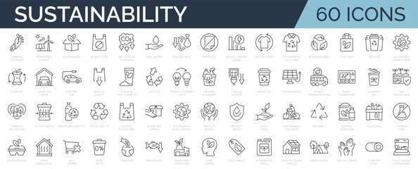 Set of 60 thin line icons related to sustainability, environmental, ecological, recyling, green, organic, industry. Linear ecology simple symbol collection.  vector illustration. Editable stroke - obrazy, fototapety, plakaty