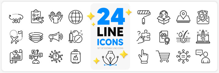 Icons set of Gas cylinder, Artificial intelligence and Market sale line icons pack for app with Users chat, Quiz test, Cursor thin outline icon. Megaphone, Medical drugs. Design with 3d stars. Vector