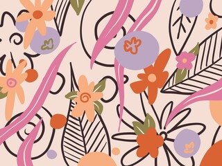 Fototapeta na wymiar hand drawn bright floral background. simple carton wallpaper with flower and leaf