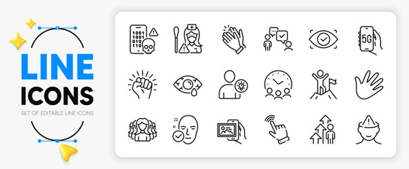 Meeting time, Conjunctivitis eye and Hand line icons set for app include Employee result, Cursor, User idea outline thin icon. Women group, Mental health, Cyber attack pictogram icon. Vector