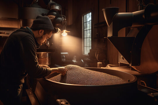 Coffee roaster inspecting a batch of freshly roasted coffee beans, with a roasting machine. Generative ai