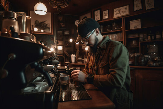 A coffee shop owner operating a vintage espresso machine. Generative ai