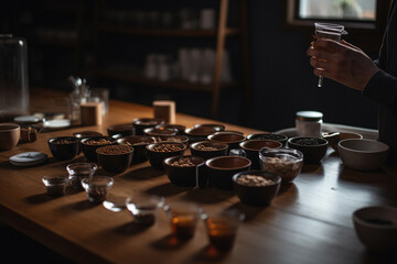Plakat Coffee store owner arranging various coffee accessories, such as cups and saucers, on a wooden surface. Generative ai