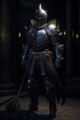 Fototapeta premium dark knight, with black armor, standing against a black background