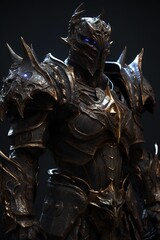 dark knight, with black armor, standing against a black background