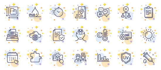 Outline set of Doctor, Typewriter and Medical analytics line icons for web app. Include Certificate, Timer, Healthcare calendar pictogram icons. Time management, Puzzle, Stress signs. Vector