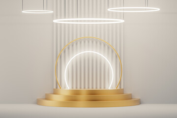 3d presentation pedestal with neon lights. 3d rendering of mockup of presentation podium for display or advertising purposes