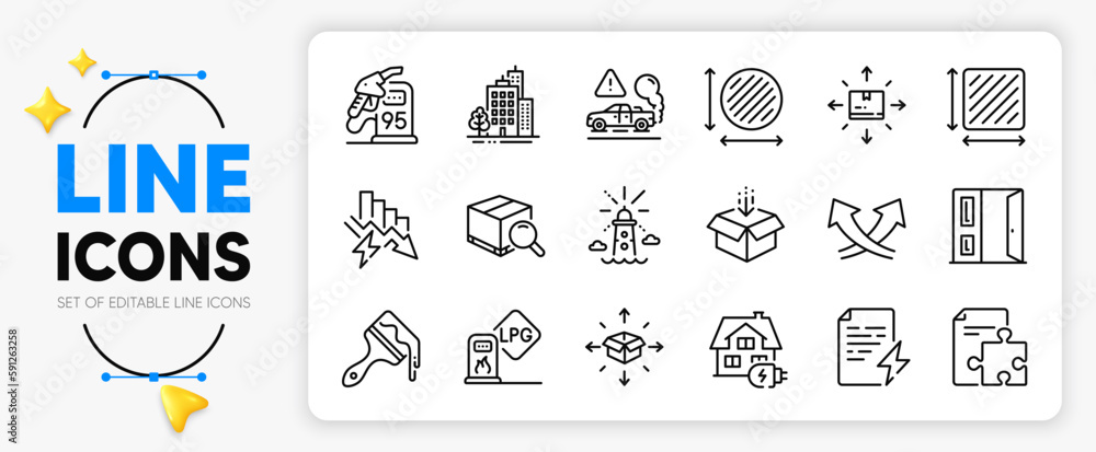 Poster search package, open door and power certificate line icons set for app include gas station, circle a