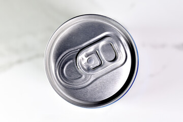 Top view of aluminum can on white kitchen table