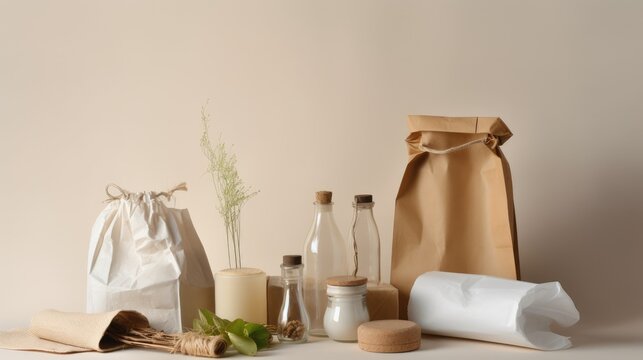 Assortment of eco-friendly packaging options such as biodegradable packaging peanuts, plant-based plastic bags - generative ai