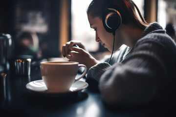 Fototapeta na wymiar Attractive young woman enjoying a cup of coffee in a coffee shop, while listening a music. Generative ai