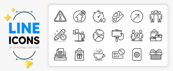 Typewriter, Pie chart and Project deadline line icons set for app include Card, Discrimination, Leadership outline thin icon. Holidays shopping, Coffee cup, File management pictogram icon. Vector