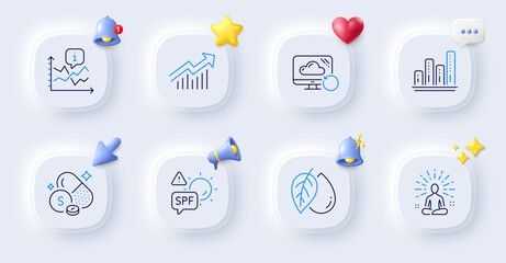 Chart, Mineral oil and Recovery cloud line icons. Buttons with 3d bell, chat speech, cursor. Pack of Spf protection, Graph chart, Sulfur mineral icon. Yoga, Demand curve pictogram. Vector